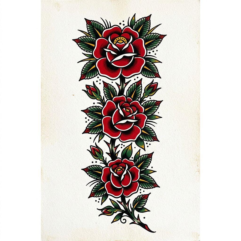 idée tatouage colonne vertébrale rose old school descendante, design sur fond blanc