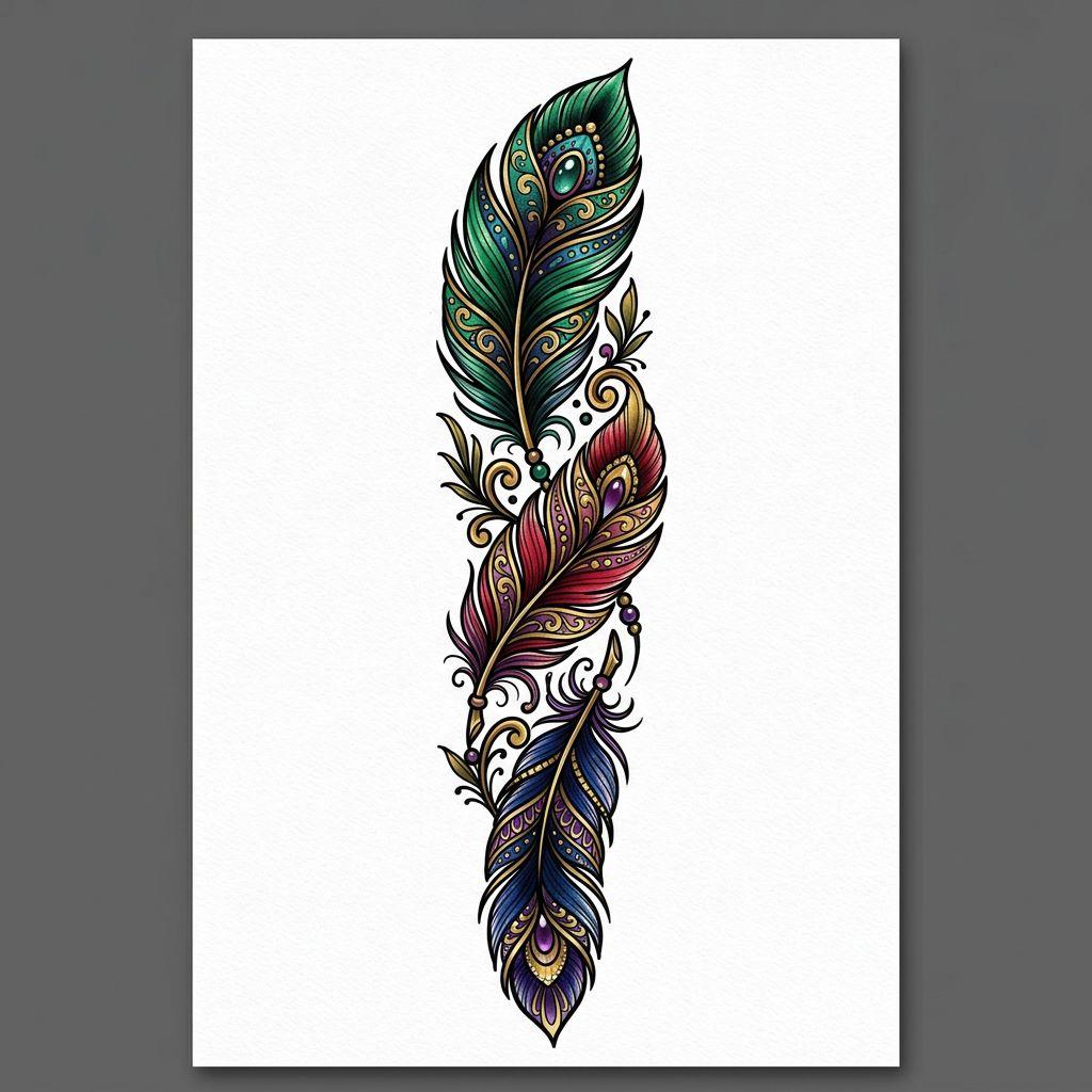 idée tatouage colonne vertébrale plumes néo-traditionnelles, design sur fond blanc