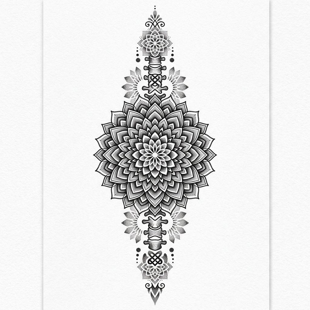 idée tatouage colonne vertébrale mandala dotwork dorsal, design sur fond blanc