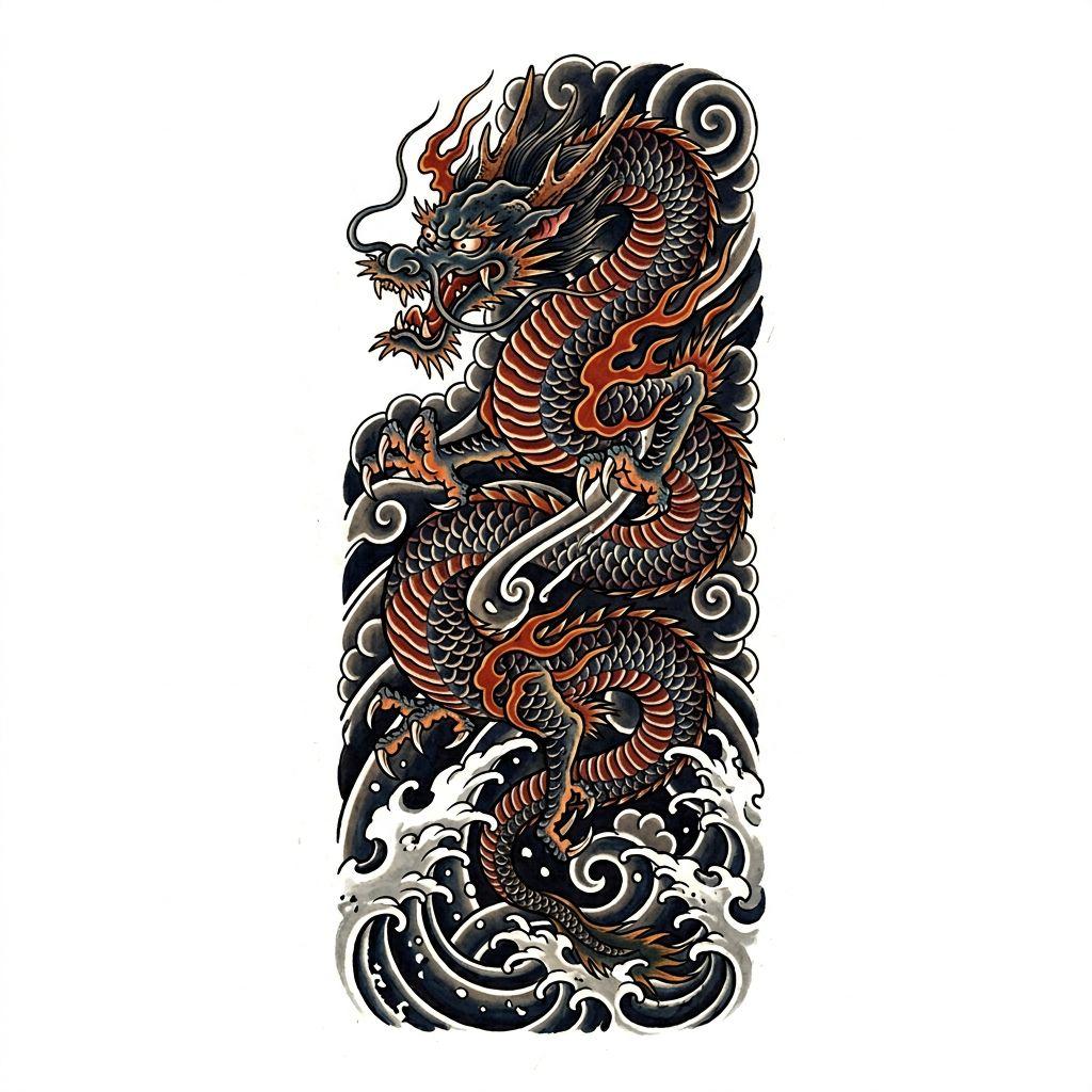 idée tatouage colonne vertébrale dragon japonais vertical, design sur fond blanc