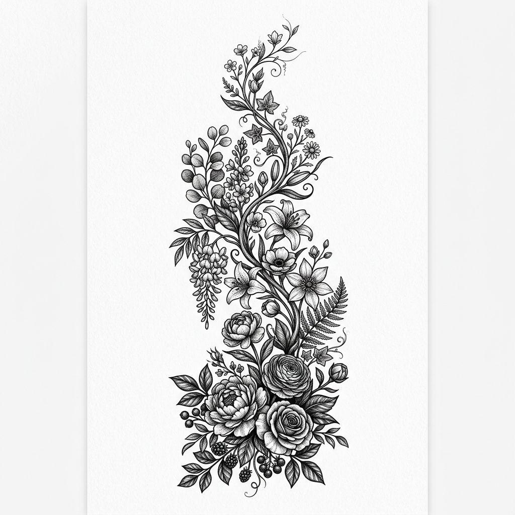 idée tatouage colonne vertébrale vigne florale ascendante, design sur fond blanc