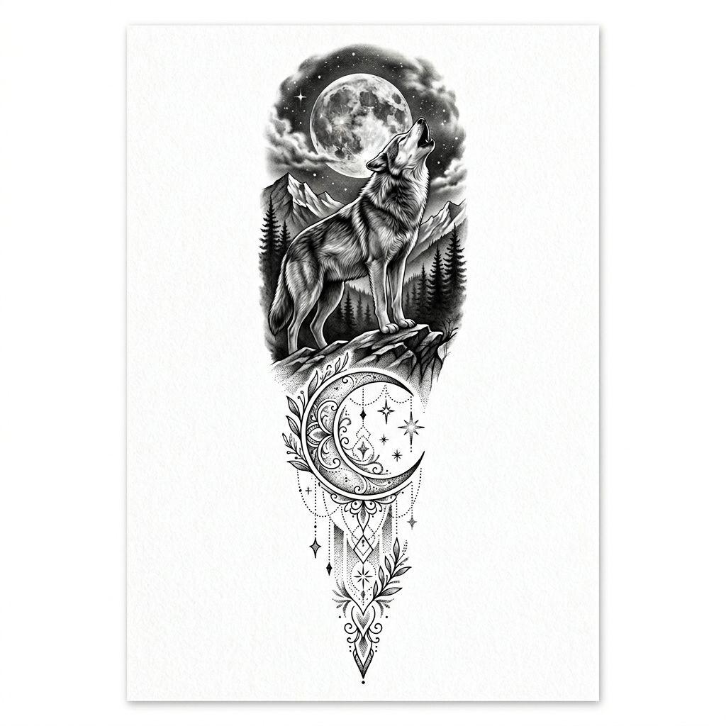 idée tatouage colonne vertébrale loup hurlant à la lune, design sur fond blanc