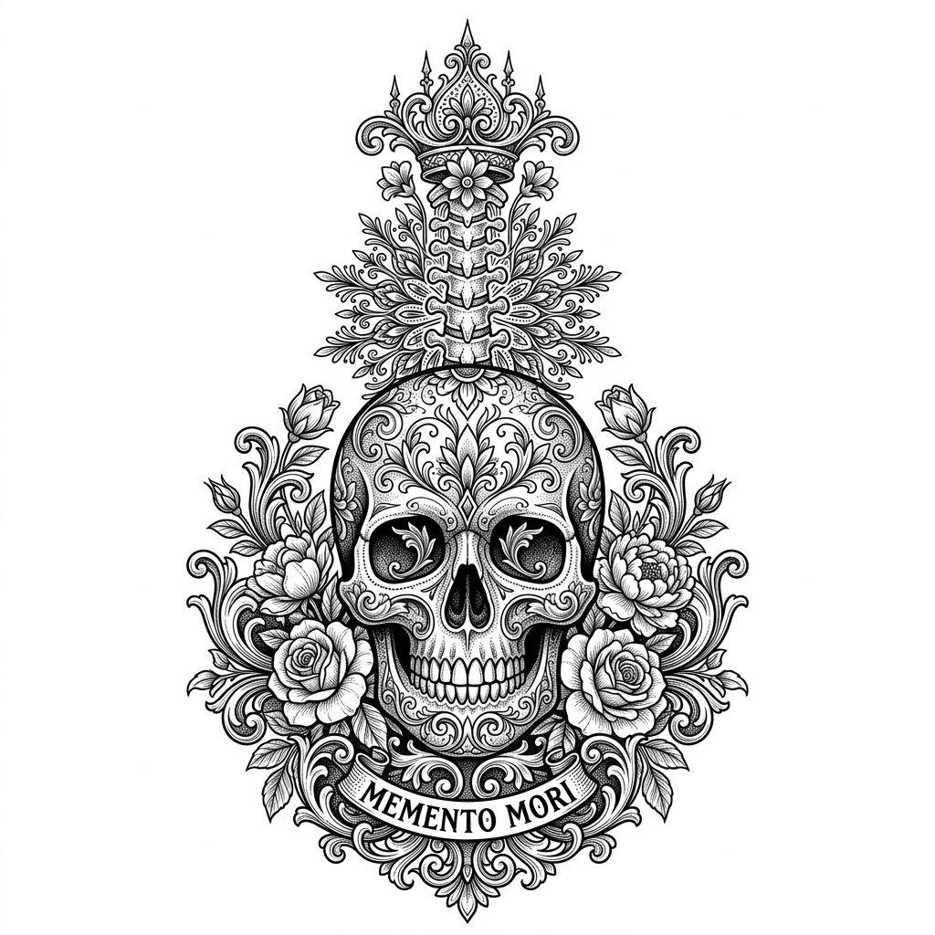 idée tatouage colonne vertébrale crâne ornemental central, design sur fond blanc