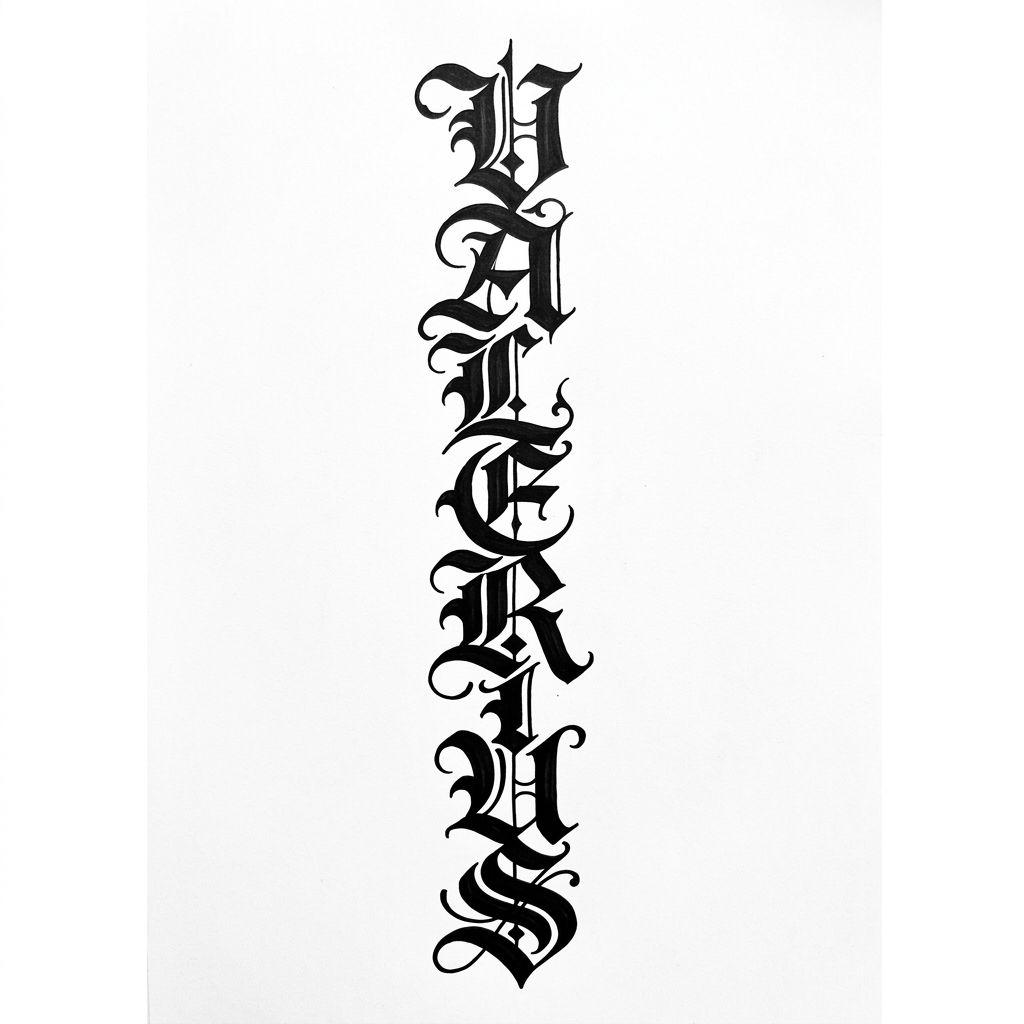 idée tatouage colonne vertébrale lettrage gothique vertical, design sur fond blanc