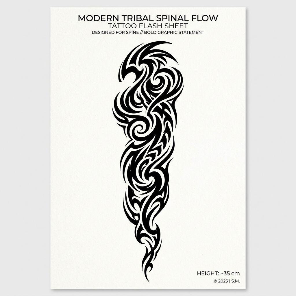 idée tatouage colonne vertébrale composition tribal moderne, design sur fond blanc