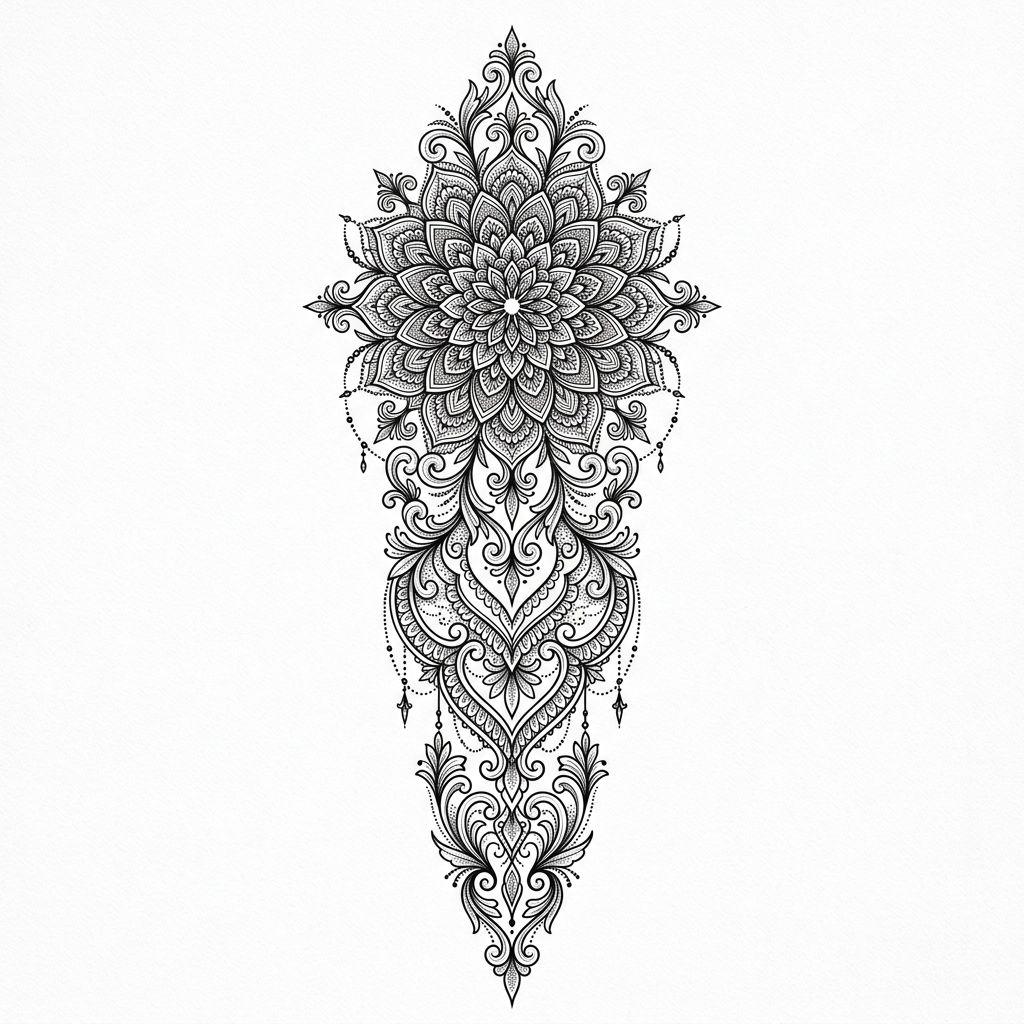 idée tatouage colonne vertébrale mandala filigrane dentelle, design sur fond blanc