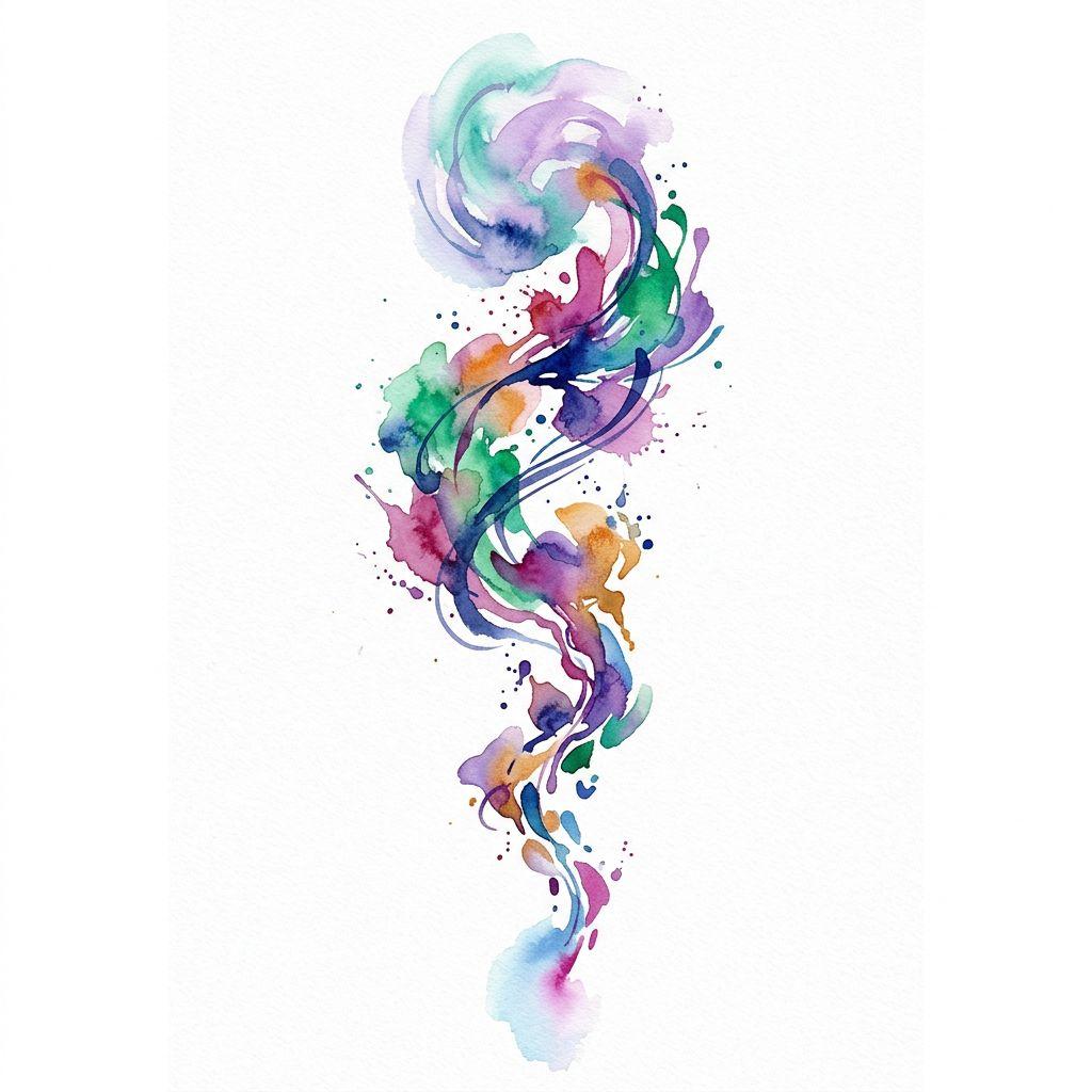 idée tatouage colonne vertébrale composition aquarelle abstraite, design sur fond blanc