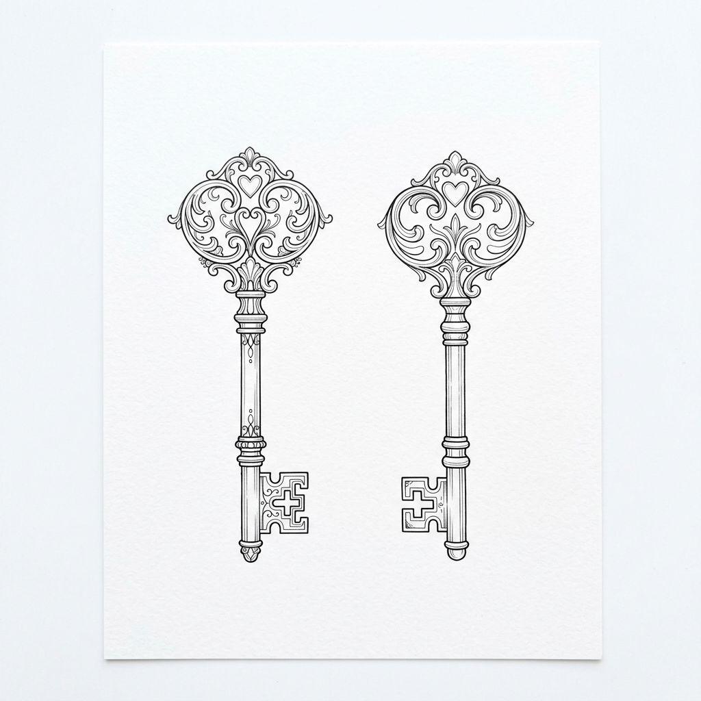 idée tatouage commun clés complémentaires fine line, design sur fond blanc