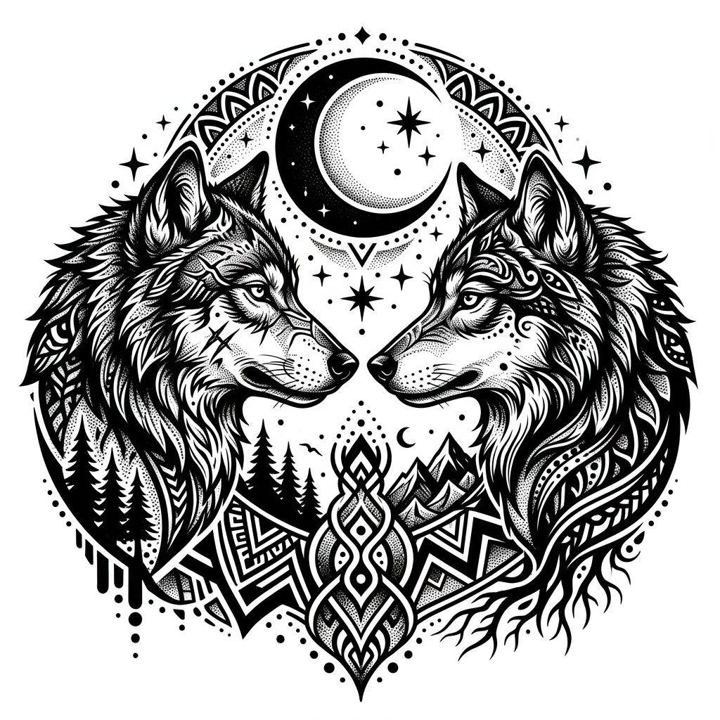 idée tatouage commun loup et louve blackwork, design sur fond blanc