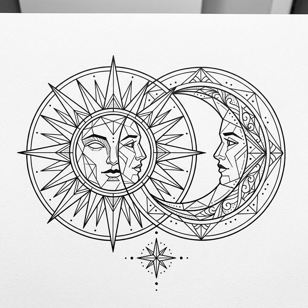 idée tatouage commun soleil et lune géométriques, design sur fond blanc