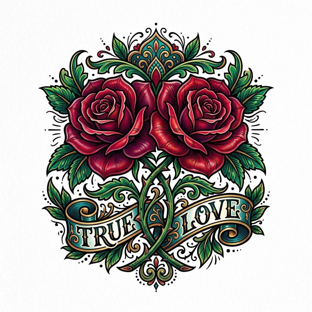 idée tatouage commun roses néo-traditionnelles, design sur fond blanc