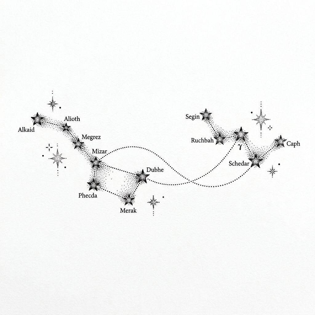 idée tatouage commun constellations dotwork, design sur fond blanc