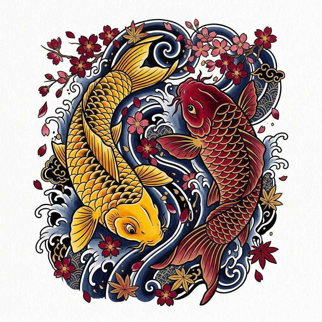 idée tatouage commun carpes koï japonais, design sur fond blanc