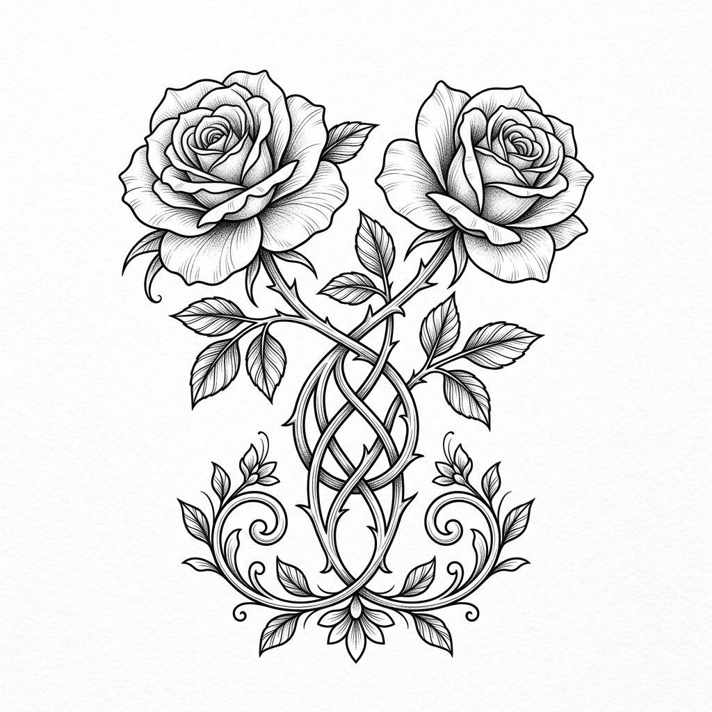 idée tatouage commun roses entrelacées, design sur fond blanc