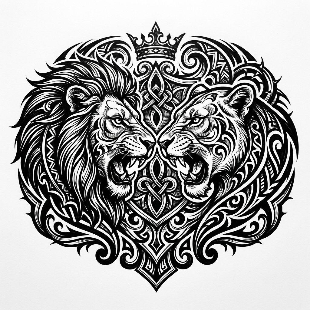 idée tatouage commun lion et lionne, design sur fond blanc
