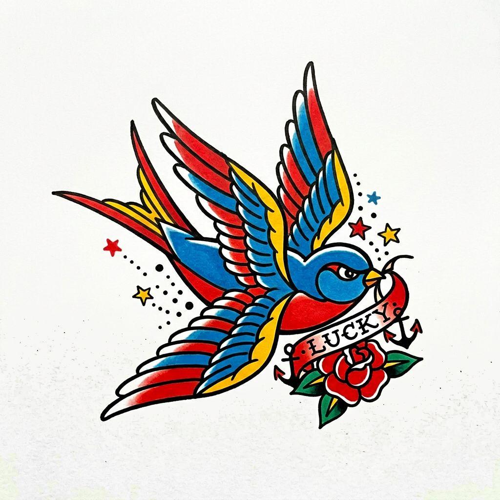 idée tatouage cou cou old school hirondelle, design sur fond blanc