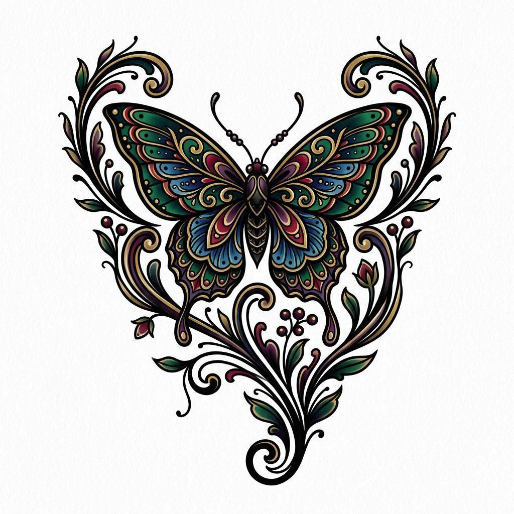 idée tatouage cou cou néo-traditionnel papillon, design sur fond blanc