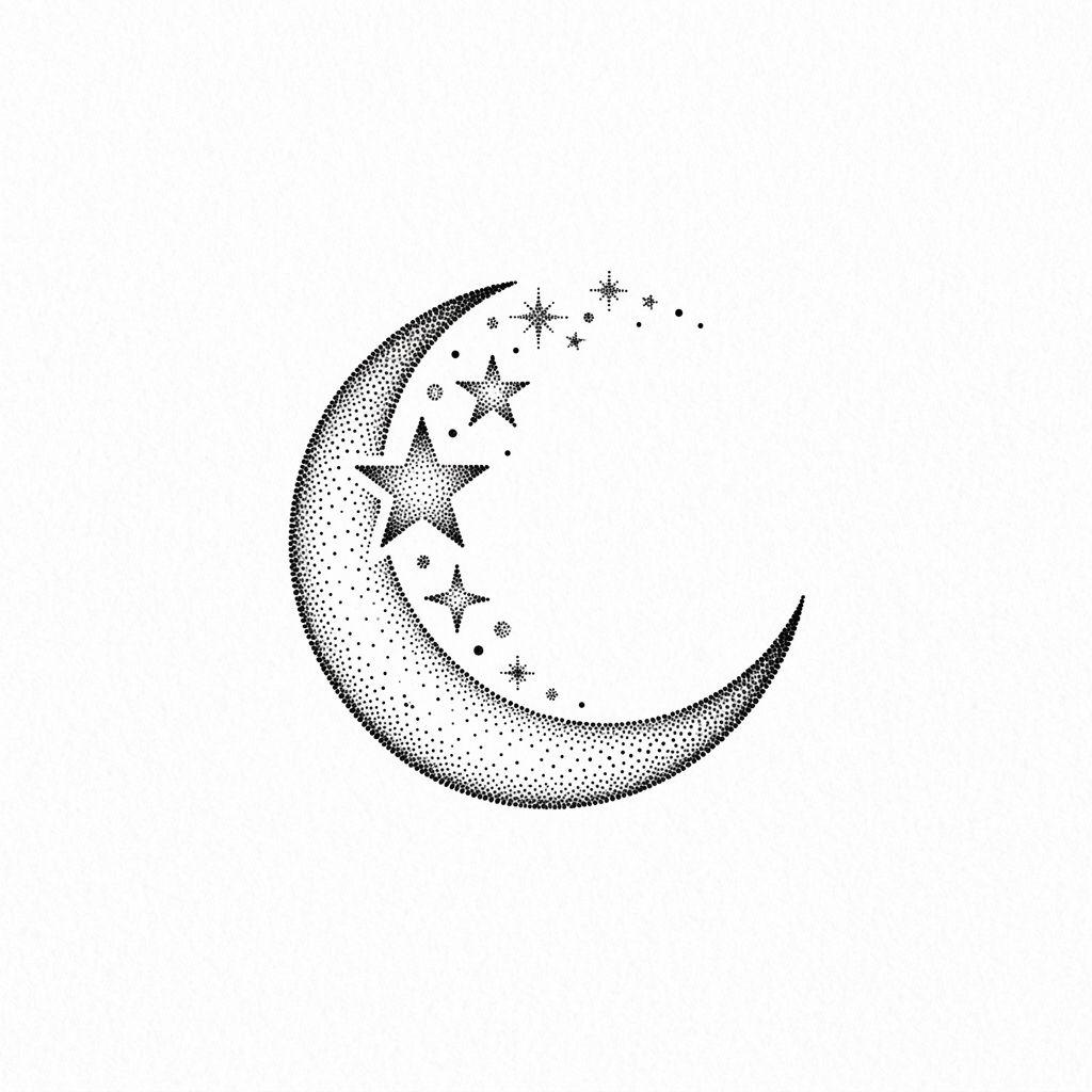 idée tatouage cou cou dotwork lune, design sur fond blanc
