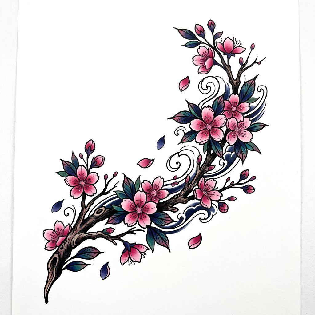 idée tatouage cou cou japonais cerisier, design sur fond blanc