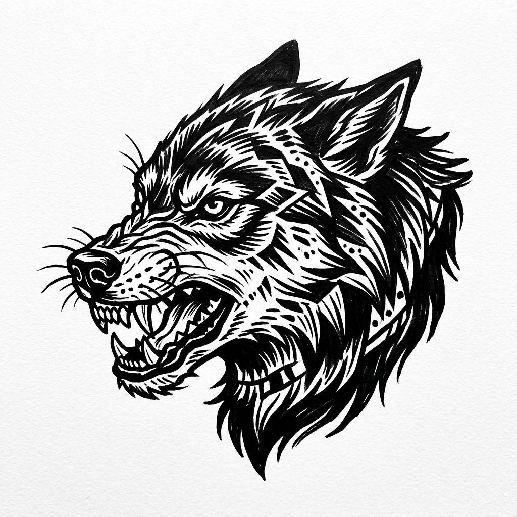 idée tatouage cou cou tête de loup, design sur fond blanc