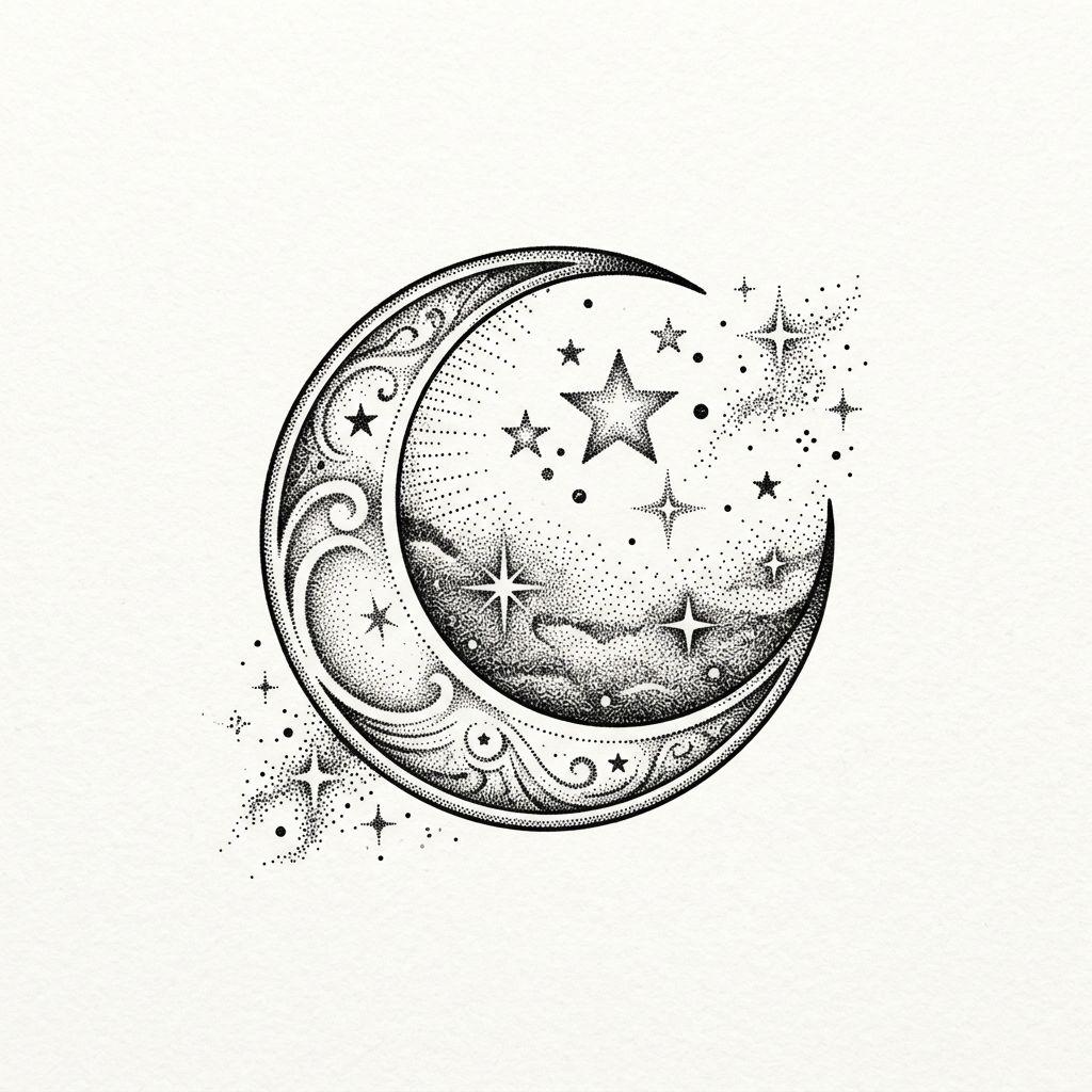 idée tatouage cou femme lune et étoiles dotwork, design sur fond blanc