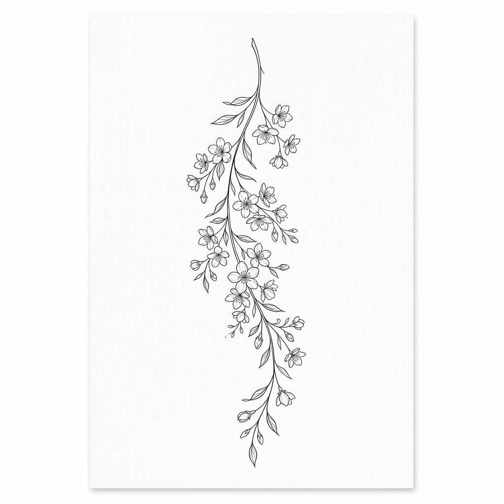 idée tatouage cou femme branche fleurie, design sur fond blanc