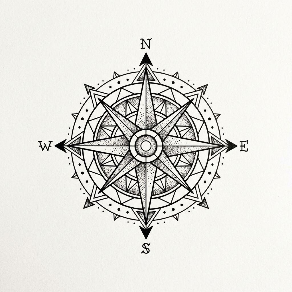 idée tatouage cou homme étoile boussole géométrique, design sur fond blanc