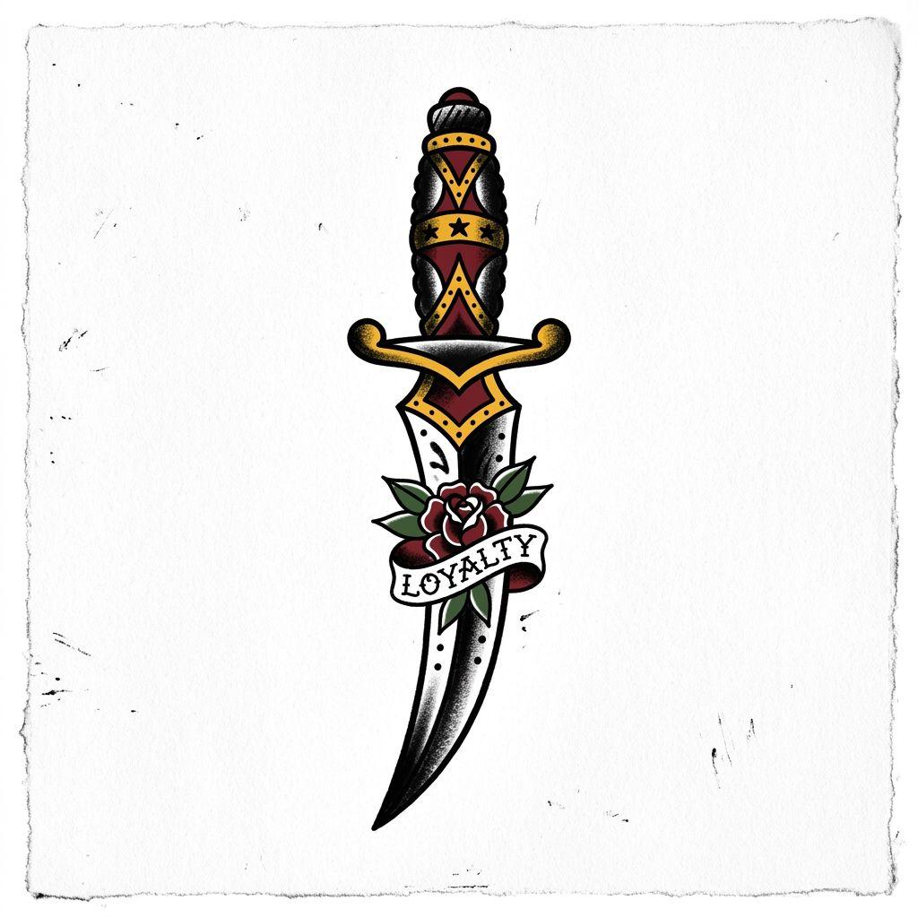 idée tatouage cou homme dague old school, design sur fond blanc
