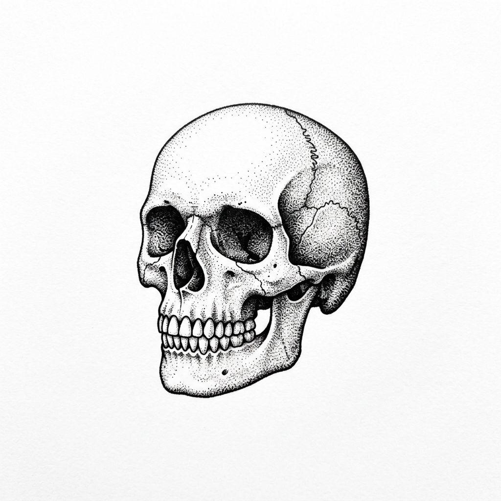 idée tatouage cou homme crâne dotwork, design sur fond blanc