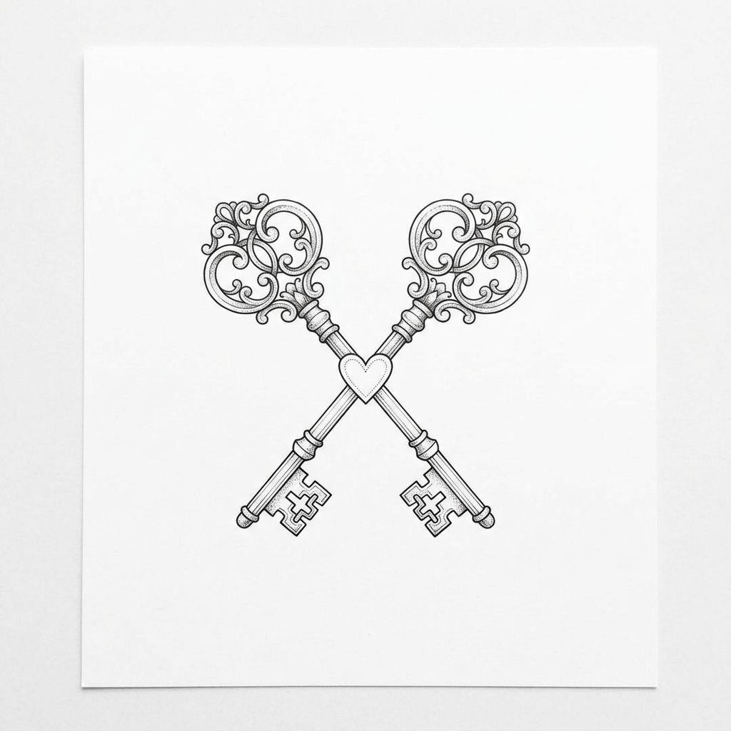 idée tatouage couple clés fine line, design sur fond blanc