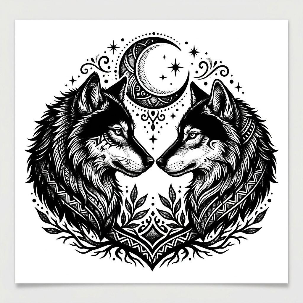 idée tatouage couple loup et louve blackwork, design sur fond blanc