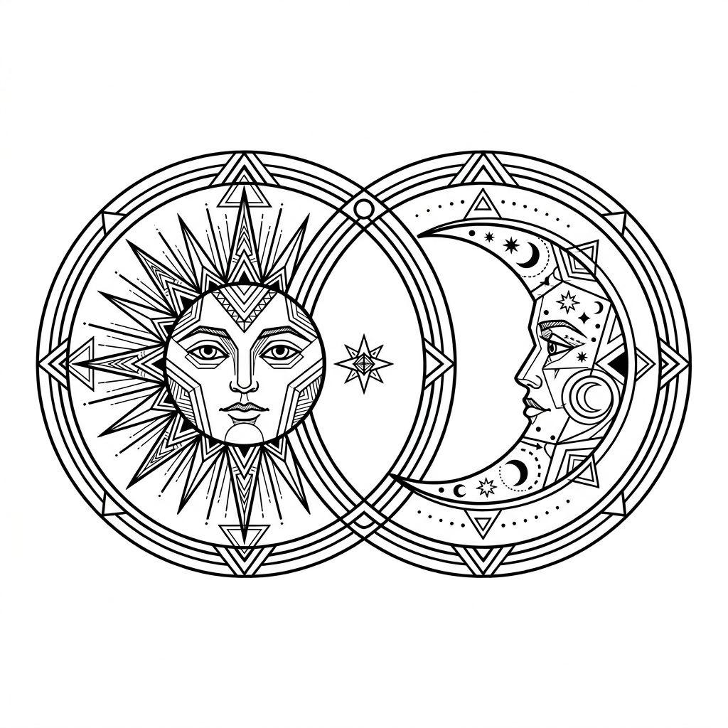 idée tatouage couple soleil et lune géométriques, design sur fond blanc
