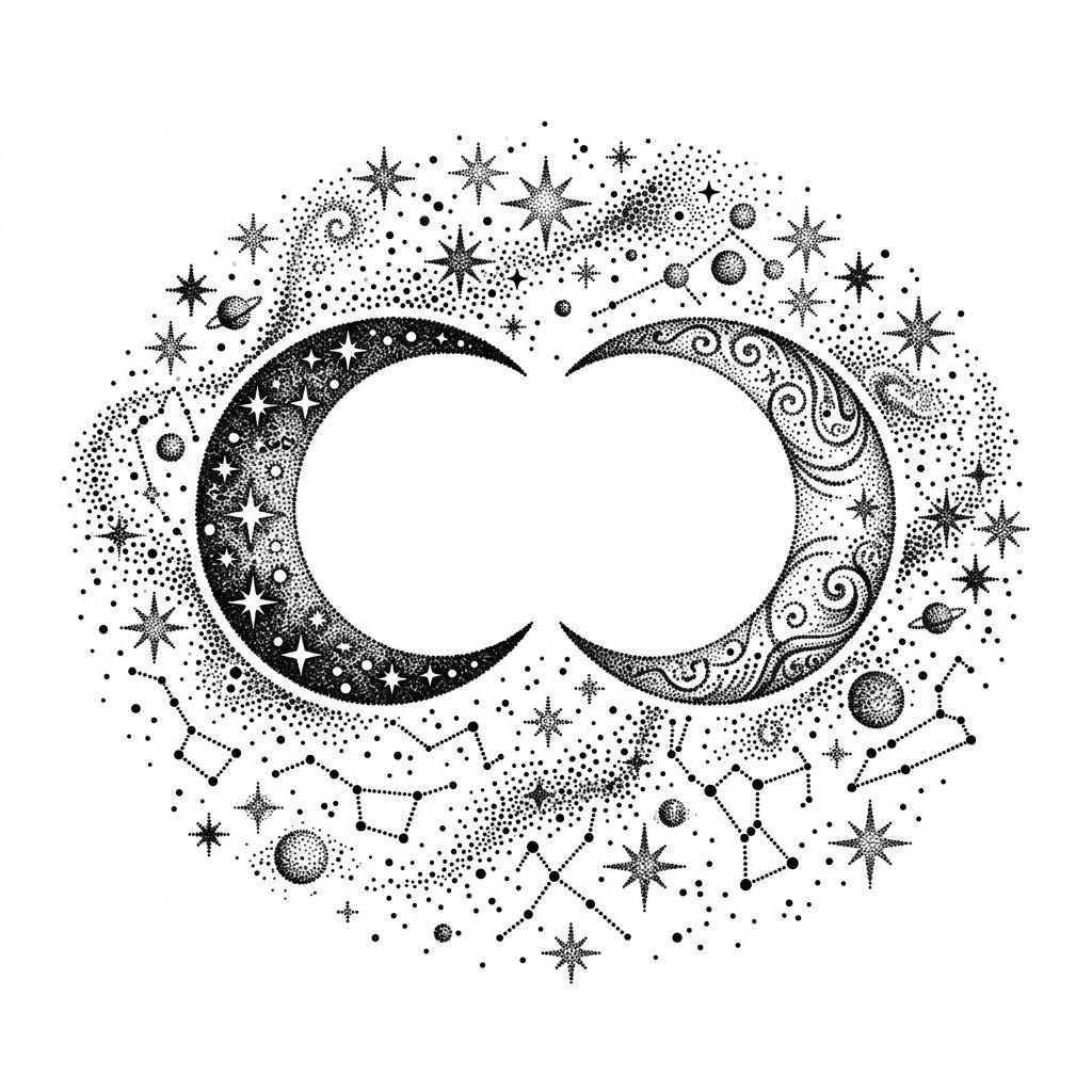 idée tatouage couple phases lunaires dotwork, design sur fond blanc