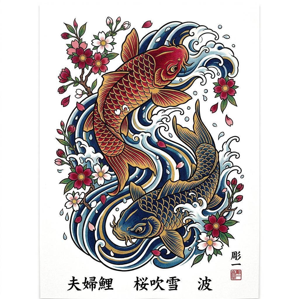 idée tatouage couple carpes koï en couple, design sur fond blanc