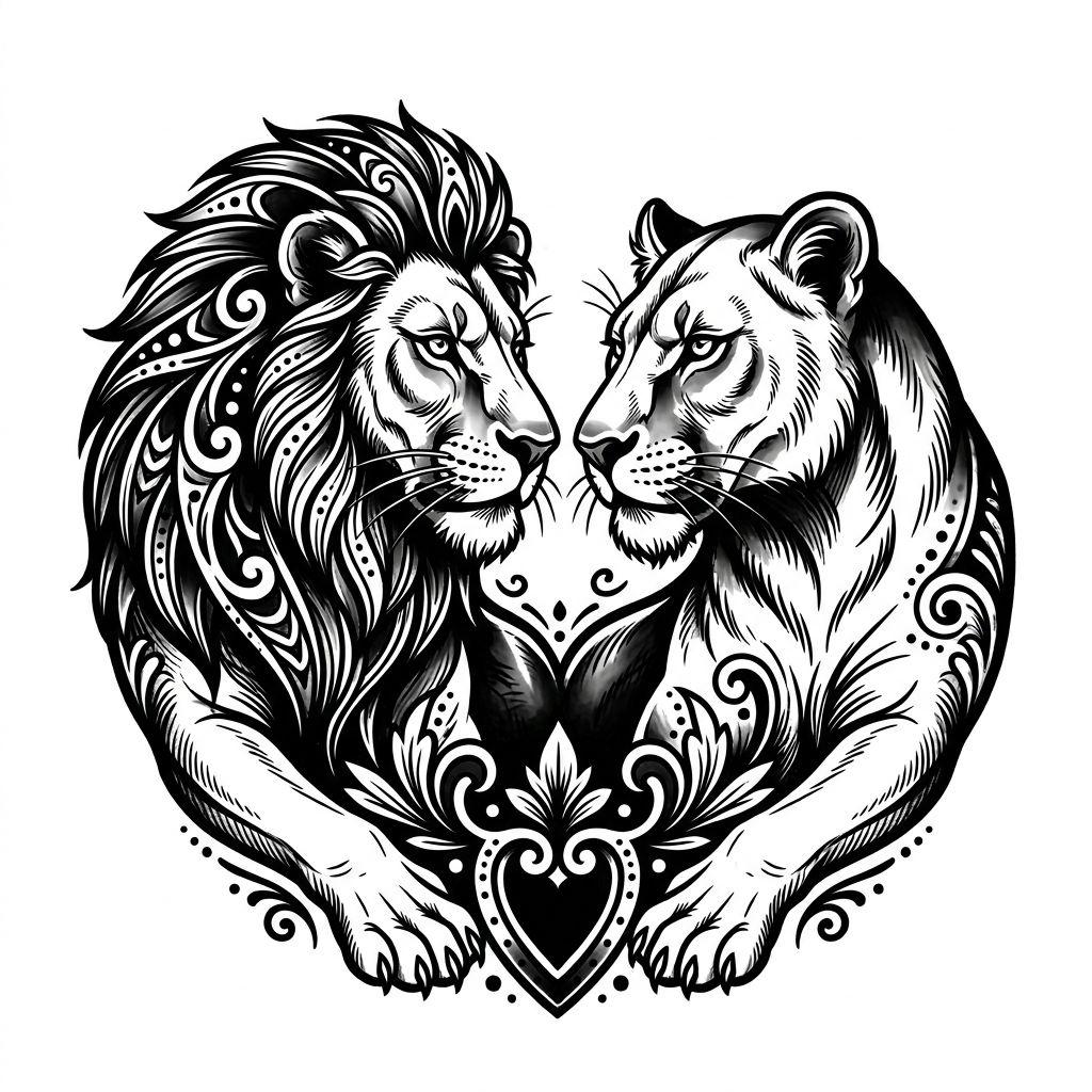 idée tatouage couple lions complémentaires, design sur fond blanc