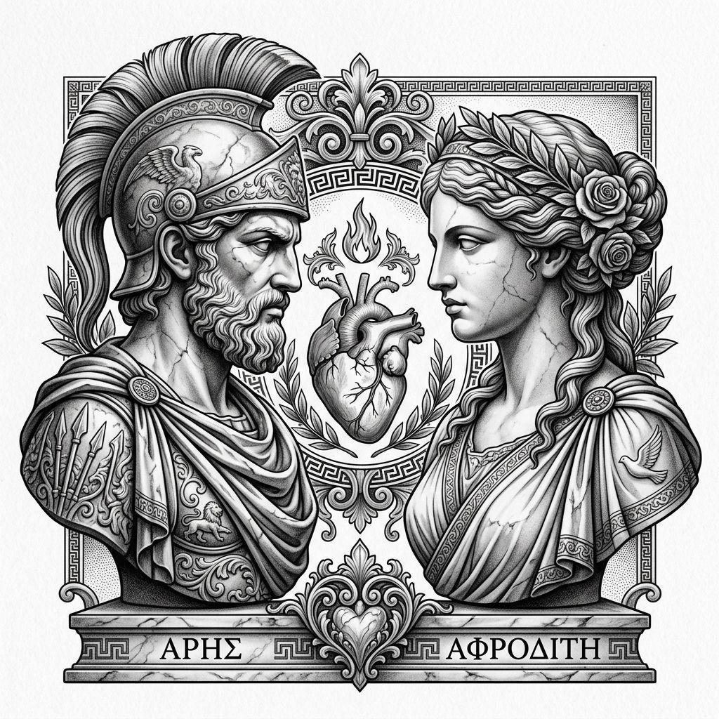 idée tatouage couple arès et aphrodite, design sur fond blanc