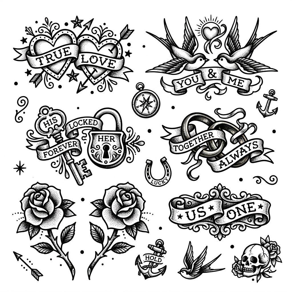idée tatouage couple patchwork flash couple, design sur fond blanc