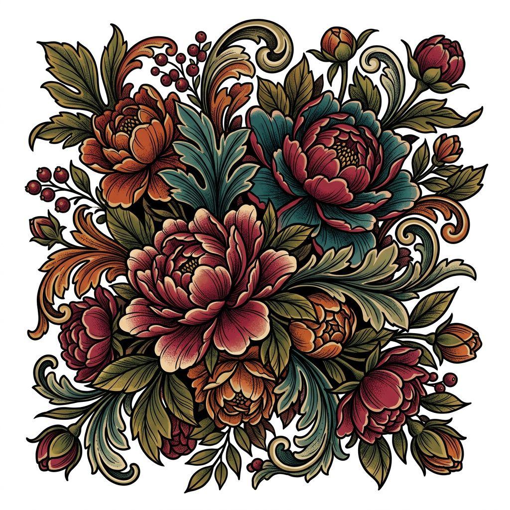 idée tatouage cover bouquet baroque enveloppant, design sur fond blanc
