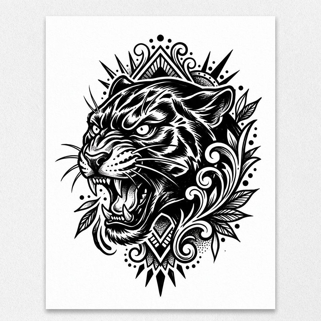 idée tatouage cuisse panthère blackwork, design sur fond blanc