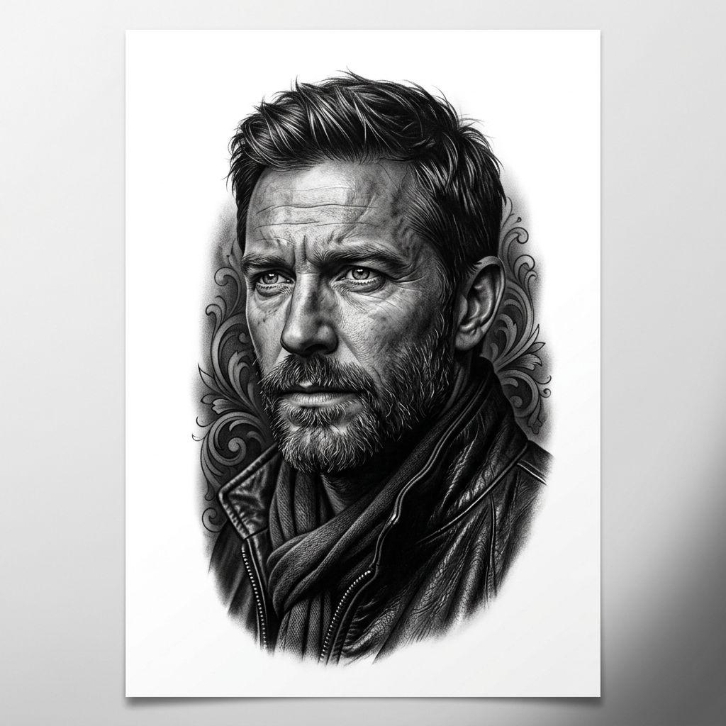idée tatouage cuisse portrait réaliste noir et gris, design sur fond blanc