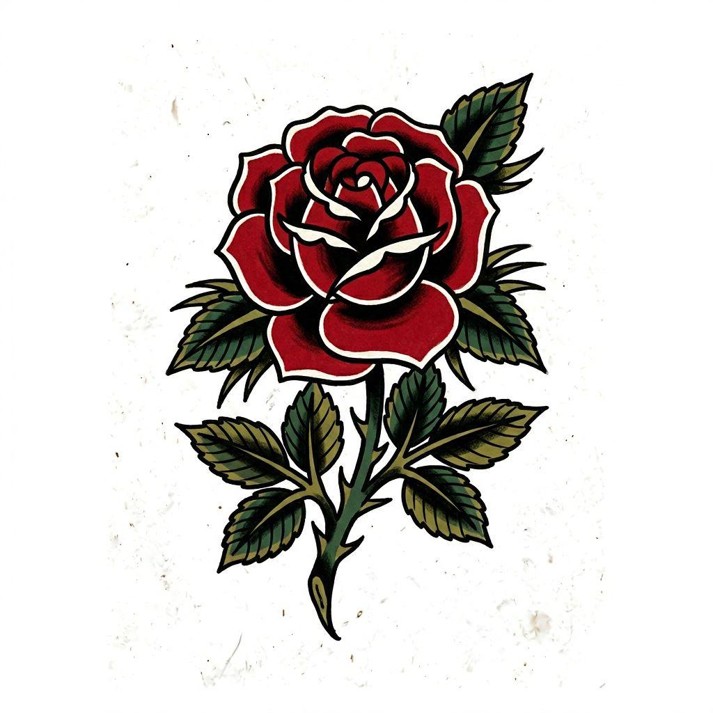 idée tatouage cuisse rose old school, design sur fond blanc