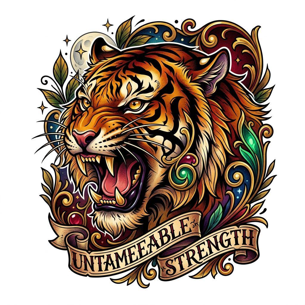 idée tatouage cuisse tigre néo-traditionnel, design sur fond blanc