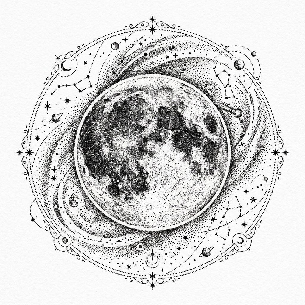 idée tatouage cuisse lune dotwork, design sur fond blanc