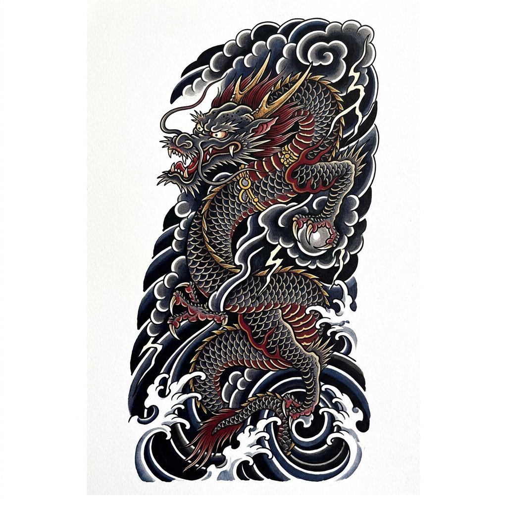 idée tatouage cuisse dragon japonais, design sur fond blanc