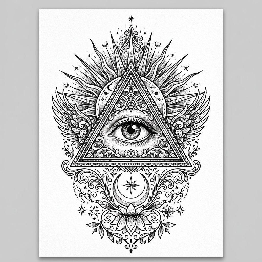 idée tatouage cuisse œil de la providence, design sur fond blanc