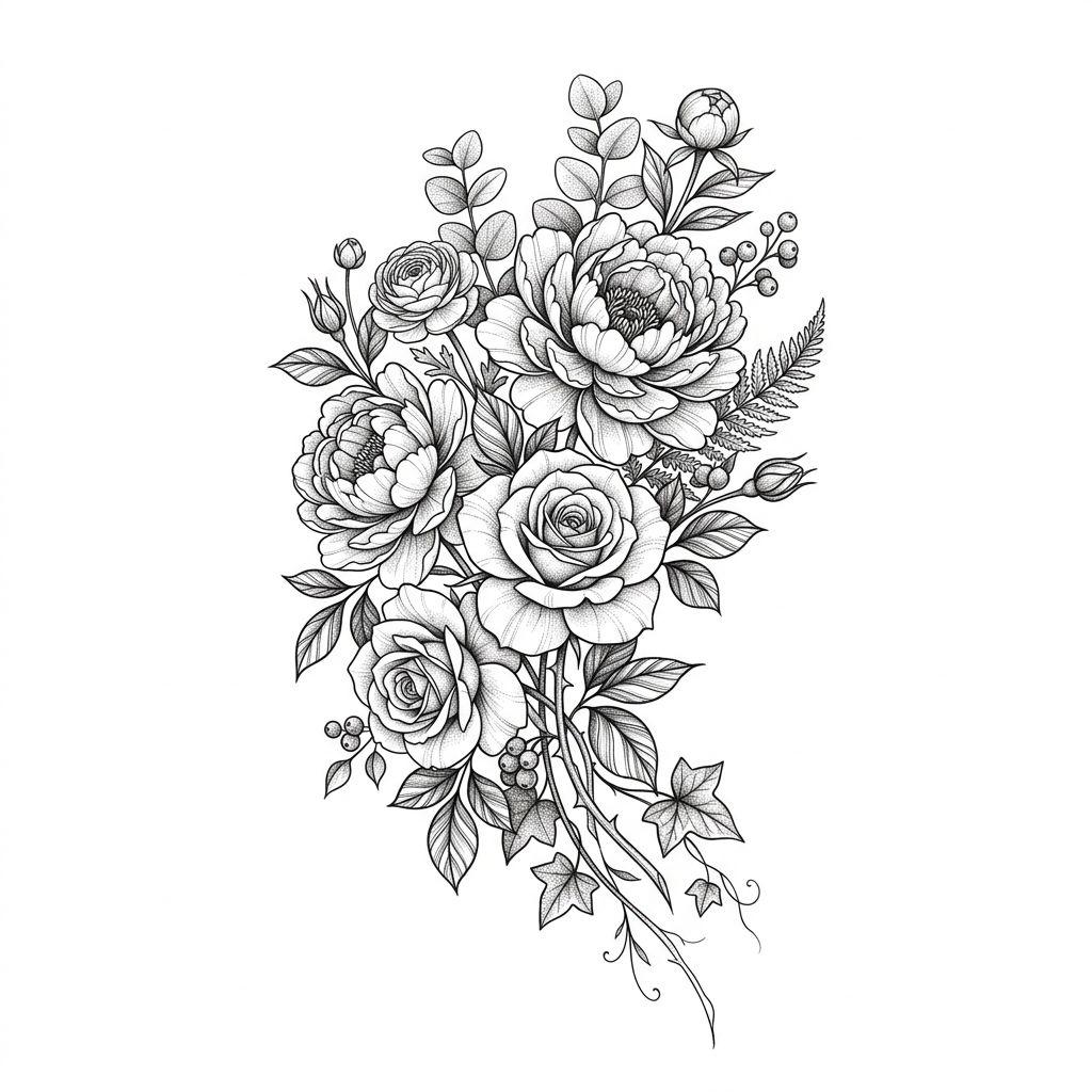 idée tatouage cuisse bouquet floral détaillé, design sur fond blanc