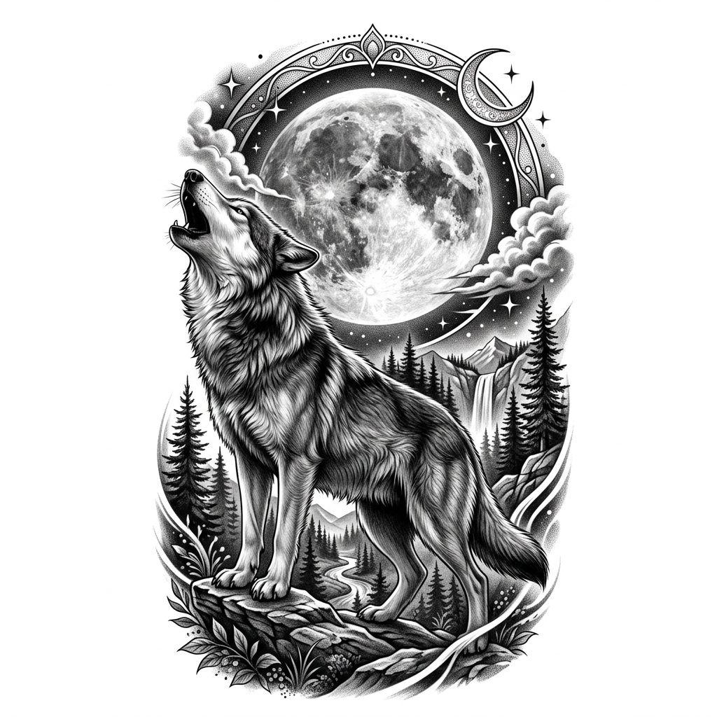 idée tatouage cuisse loup hurlant réaliste, design sur fond blanc