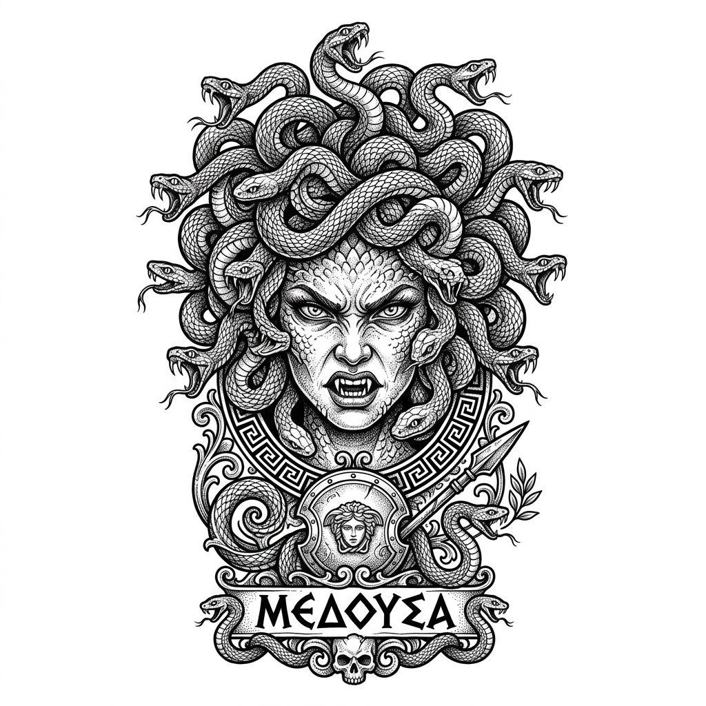idée tatouage cuisse méduse mythologique, design sur fond blanc