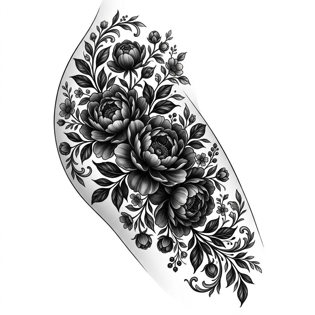 idée tatouage cuisse femme grande pièce florale, design sur fond blanc