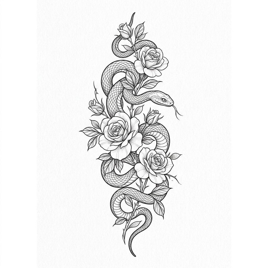 idée tatouage cuisse femme serpent et fleurs, design sur fond blanc